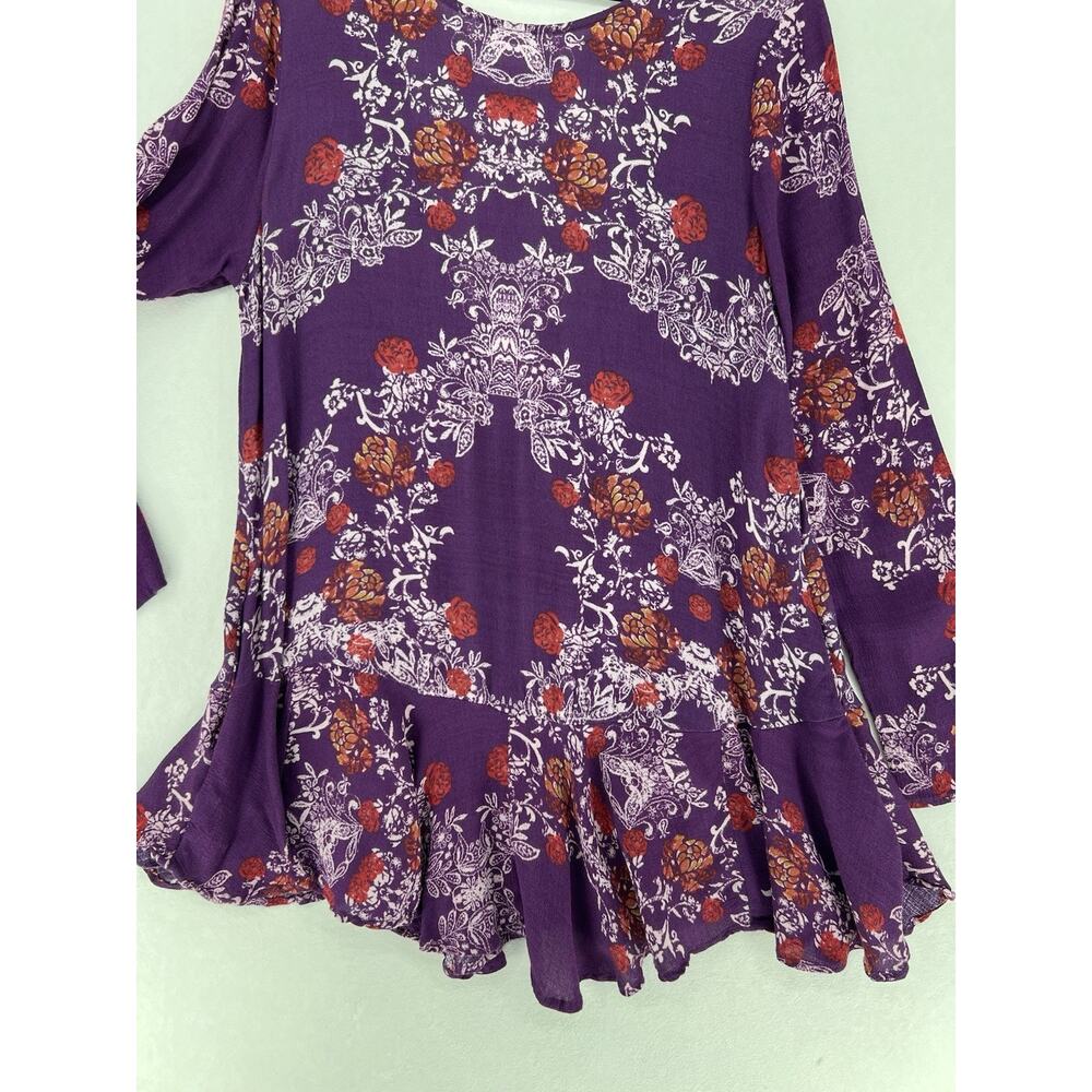 Free People Purple Floral Boho Tunic Top Open Back Bell Sleeve Womens Large - Picture 8 of 12